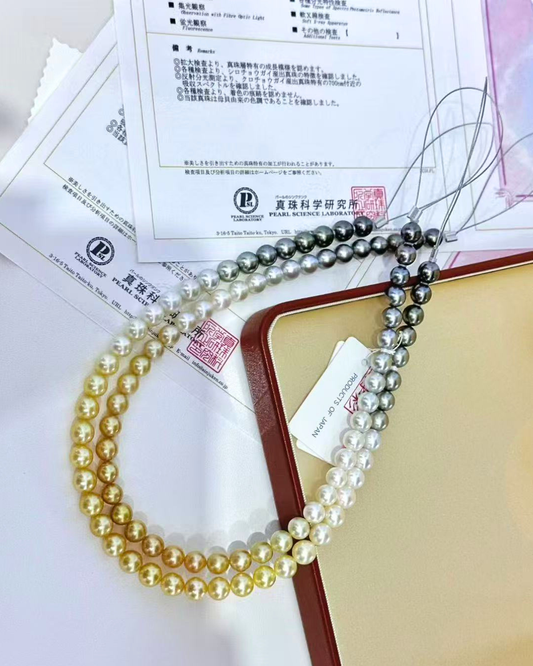 5A South Sea Golden Philippines, Akoya & Tahitian Round Loose Strand - Shikizai Three-Origin - Mixed (7-8m with PSL Certificate)