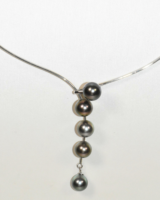 4A Tahitian Round Necklace in Silver 925 White Gold Plated - Eclipse Dropfall - Peacock (9-10mm)