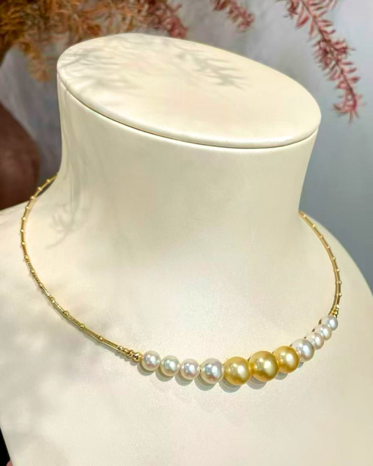 4A South Sea Golden Philippines & Akoya Round Necklace in 18K Gold - Graduated Necklace - Gold (6-10mm)