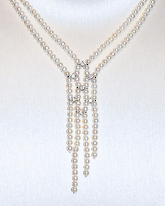 4A Freshwater Round Long Necklace in Silver 925 WG Plated - White (3 -4mm)