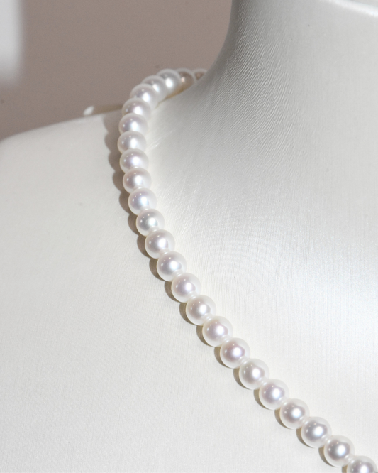 5A Freshwater Round Necklace in Silver 925 WG Plated - Elegant Ribbon - White ( mm)