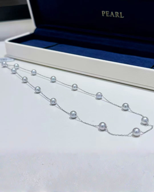 5A Japanese Akoya Round Necklace in 18K White Gold - Hemp Akoya Necklace - Blue (4-5mm)