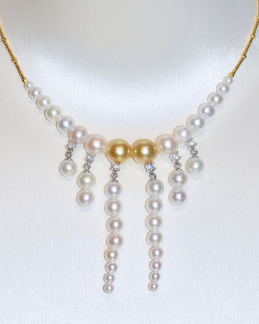 4A South Sea Golden Philippines Round Necklace x Freshwater Pearls in Silver 925 Gold Plated - Grand Chandelier Necklace - Gold (3-9mm)