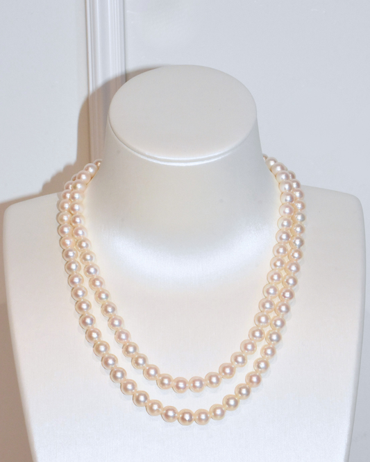 4A Akoya Near Round Necklace in Silver 925 WG Plated - Double Layered - with Ribbon Clasp - Rose Overtone (7 -8mm)