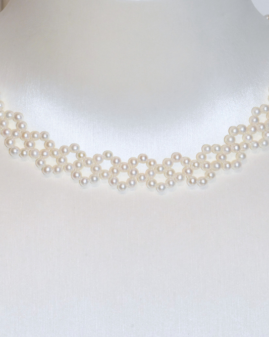 4A Freshwater Round Necklace in Silver 925 WG Plated - Woven Pearly - White (3 -4mm)