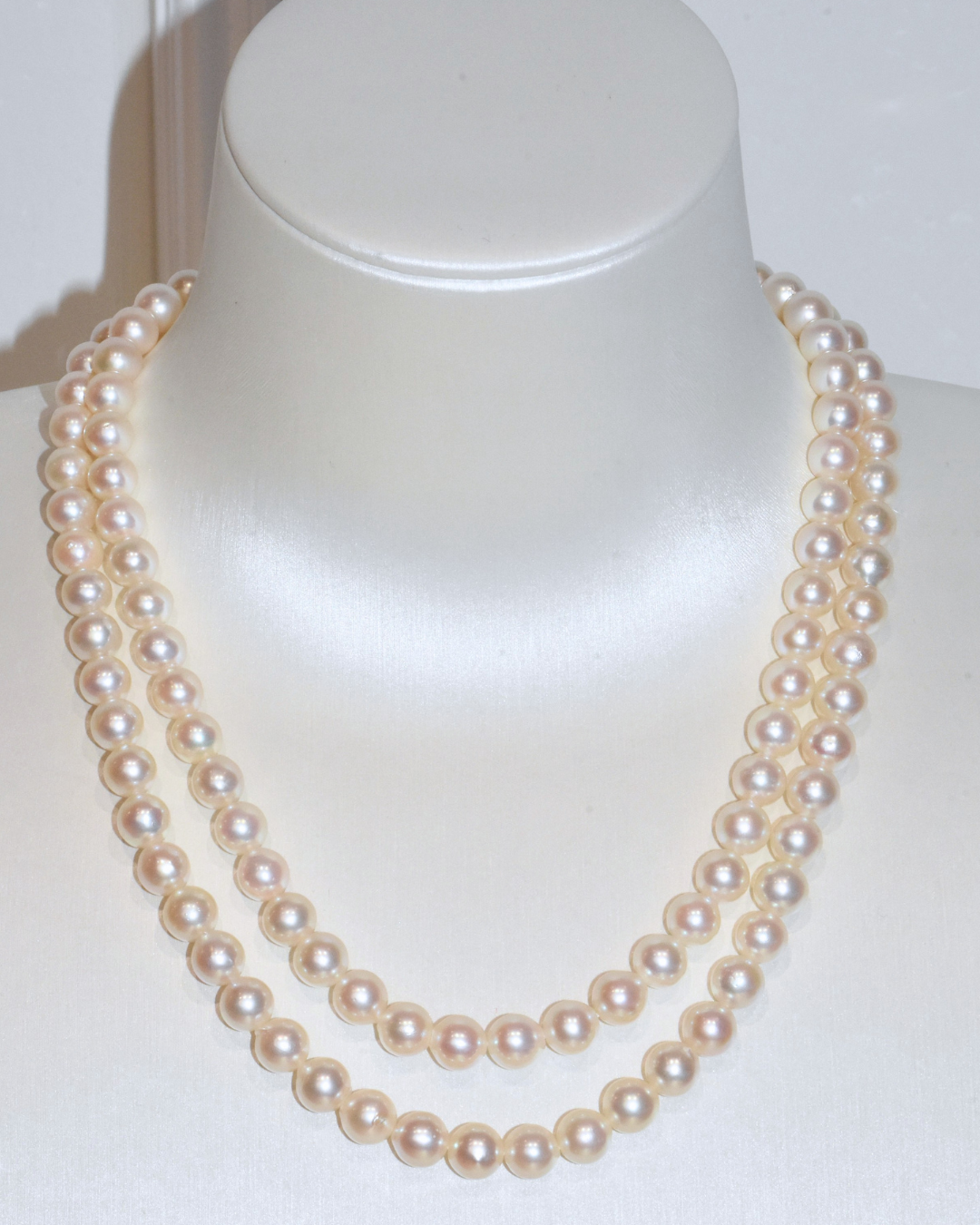 4A Akoya Near Round Necklace in Silver 925 WG Plated - Double Layered - with Ribbon Clasp - Rose Overtone (7 -8mm)