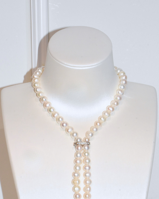 3A Freshwater Near Round Long Necklace in Silver 925 WG Plated - Classic clip clasp with CZ - White (9 -10mm)