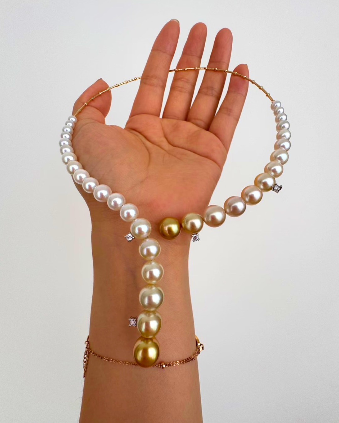 5A South Sea Golden Philippines & South Sea White Australia Round Necklace in 18K Gold - Graduated Bar Necklace - Gold (9-15mm)