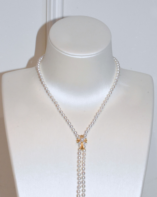 4A Freshwater Near Round Long Necklace in Silver 925 Gold Plated - Chrome Hearts Cross Clasp - White (4 -5mm)