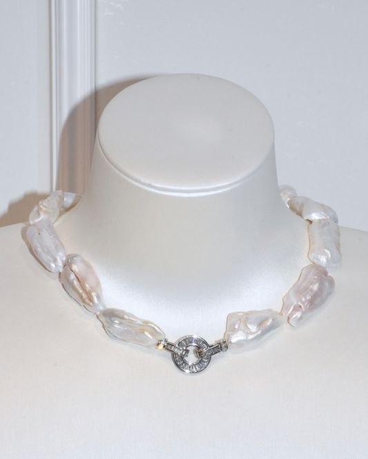 3A Freshwater Long Pipa Necklace in Copper - O Clasp with CZ - White (15 -20mm)