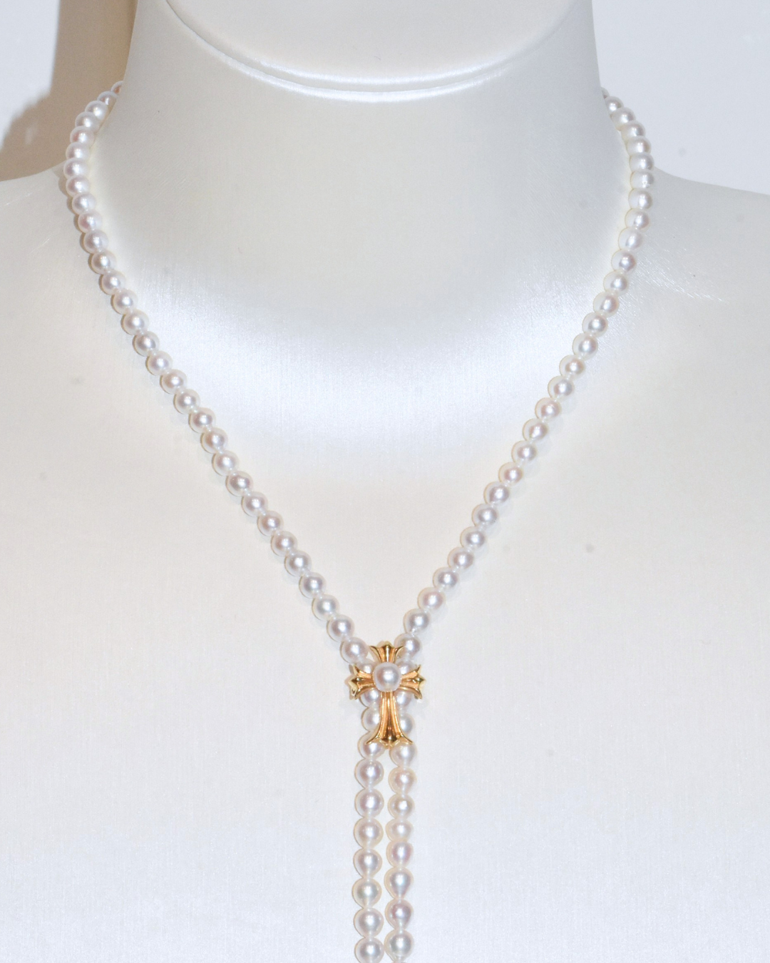4A Freshwater Near Round Long Necklace in Silver 925 Gold Plated - Chrome Hearts Cross Clasp - White (4 -5mm)