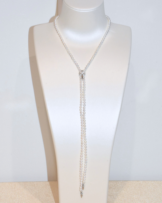 4A Freshwater Near Round Long Necklace in Silver 925 WG Plated - Chrome Hearts Cross Clasp - White (4 -5mm)