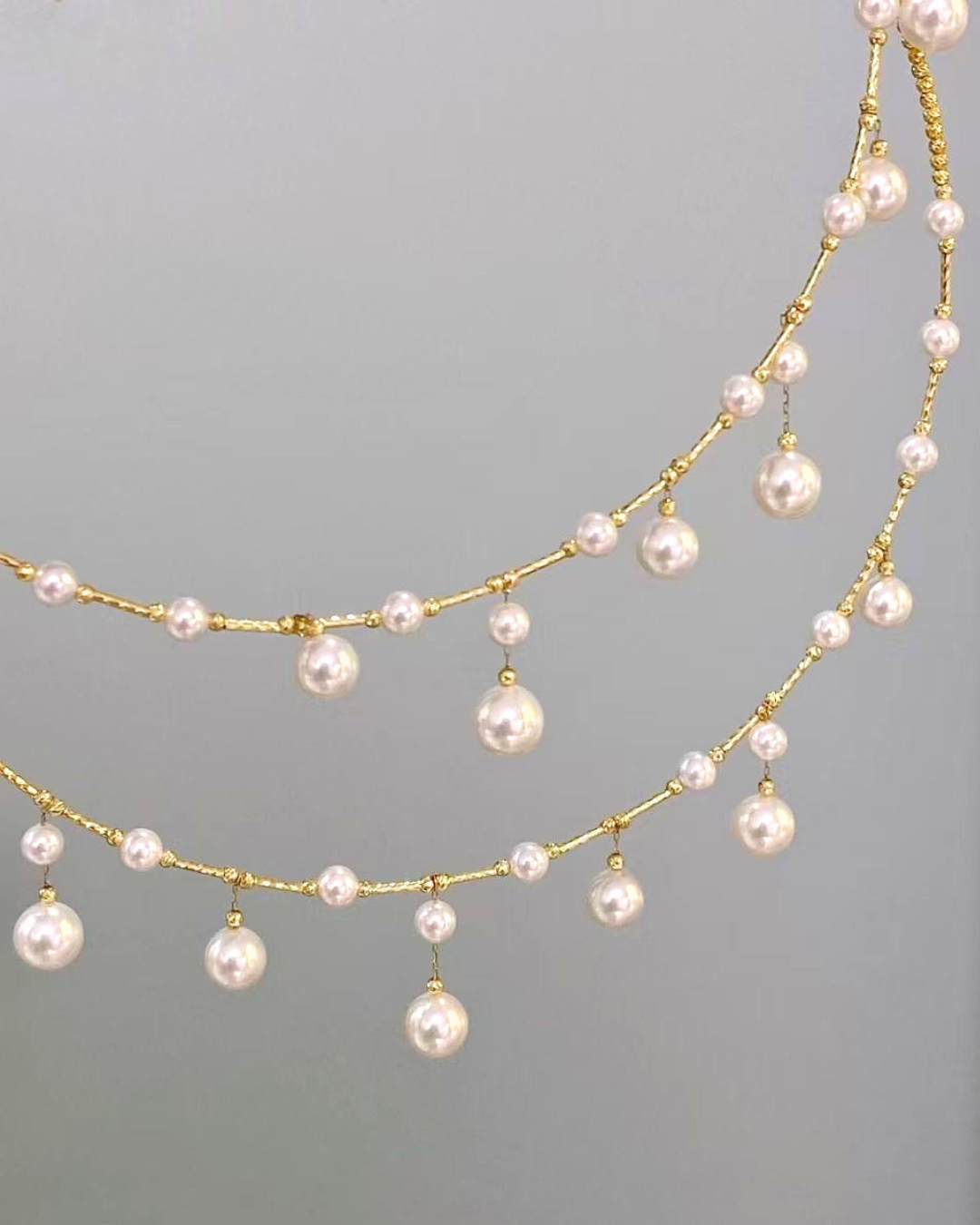 5A Japanese Akoya Round Necklace in 18K Gold - Pluie d'Or Pearl Necklace - White (4-8mm)