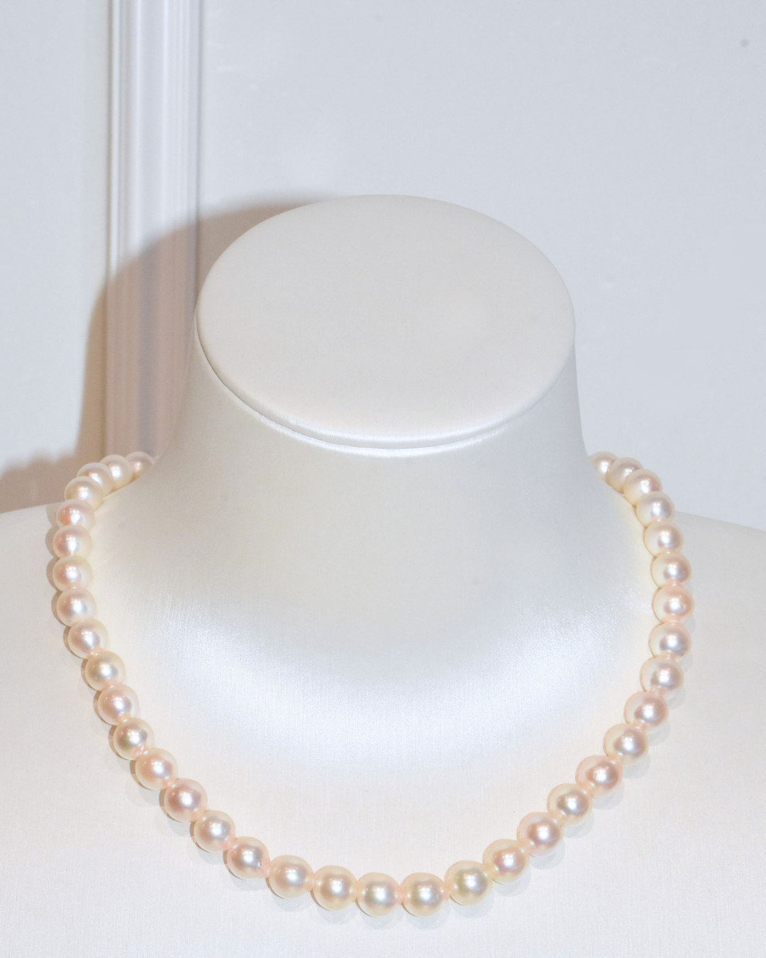 4A Akoya Near Round Necklace in Silver 925 WG Plated - Classic Elegant with CZ Clasp - Rose Overtone (7 -8mm)