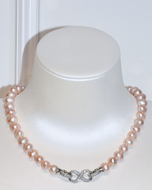 3A Freshwater Near Round Necklace in Silver Copper WG Plated - Infinity Clasp - Rose Overtone (9 -10mm)