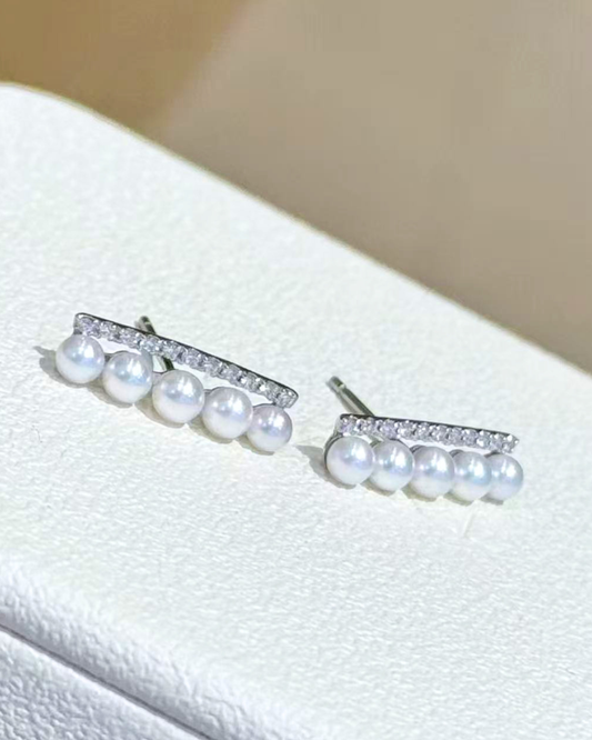 5A Japanese Akoya Round Earring in 18K White Gold - Five-Bar Akoya Earrings with Natural Diamond - White (3-3.5mm) D0.1ct