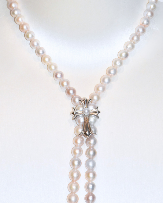4A Freshwater Near Round Long Necklace in Silver 925 WG Plated - Chrome Hearts Cross Clasp - Silver/Grey (6 -7mm)