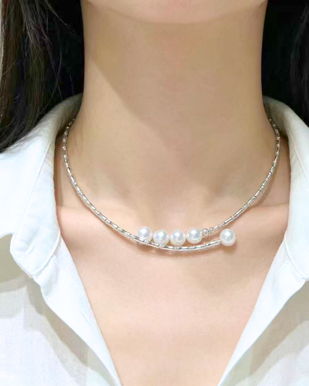 4A Freshwater Round Necklace in Silver 925 White Gold Plated - Cinq Bar Necklace - White (8-9mm)