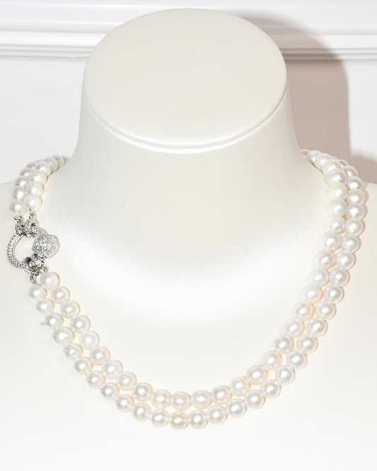 4A Freshwater Near Round Necklace in Silver 925 WG Plated - Double strand layers with ribbon Flower - O- Clasp - White (7 -8mm)