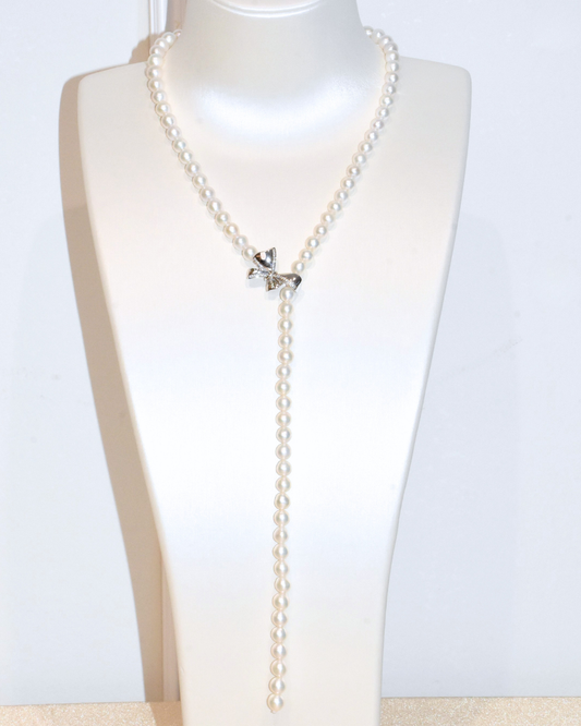 4A Freshwater Near Round Long Necklace in Silver 925 WG Plated - Ribbon Clasp With CZ - White (7 -8mm)