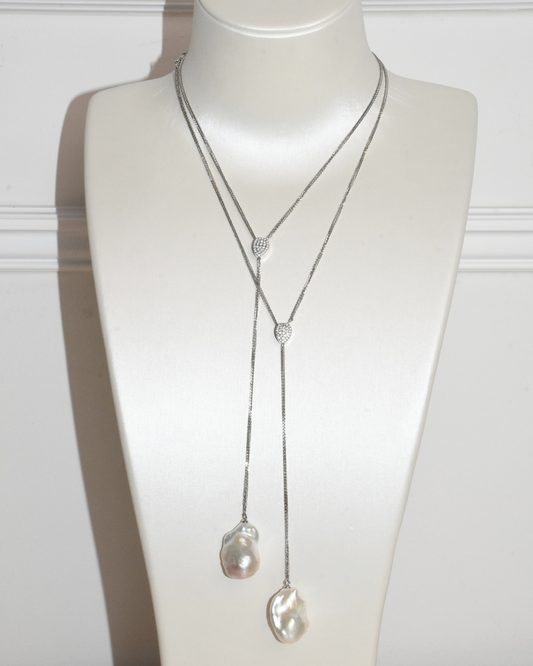 3A Freshwater Baroque Necklace in Silver 925 WG Plated - Model B : Y Shape Pendant - White (15 -17mm)