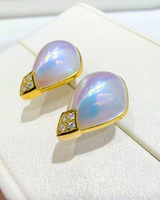 5A Mabé Earring in 18K Gold - Diamond Seawater Japanese Mabé - Blue
