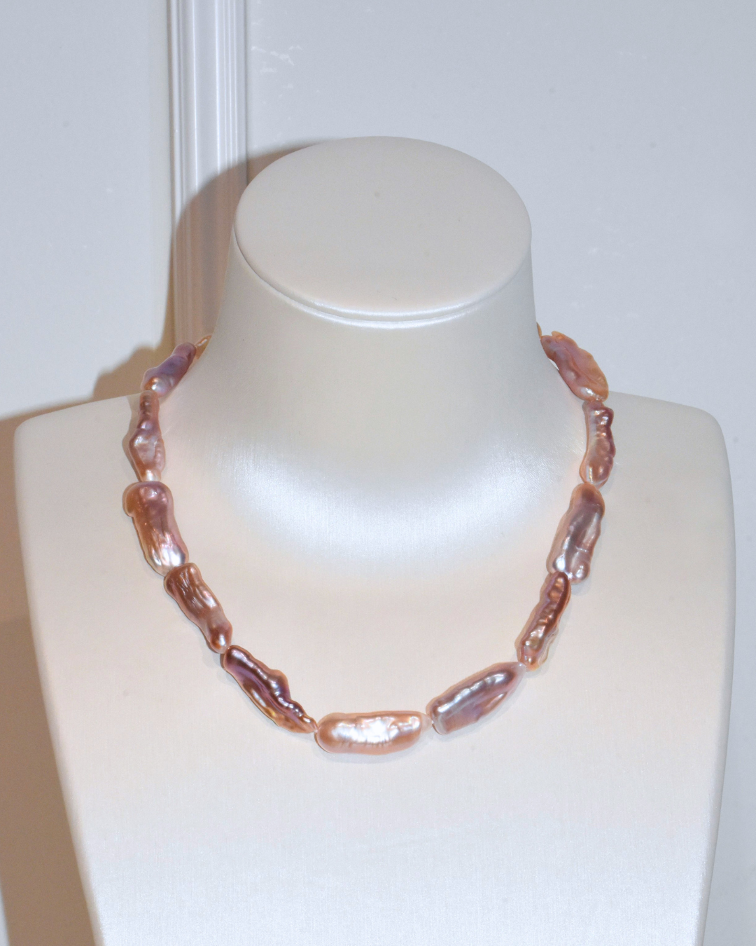 4A Freshwater Long Pipa Necklace in Copper - Purple pearl - O Clasp with CZ - Rose Overtone (15 -20mm)