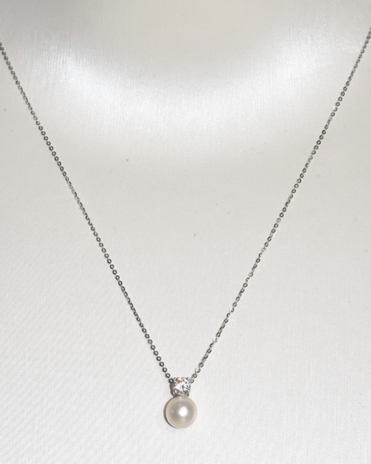 4A Freshwater Round Necklace in Silver 925 WG Plated - Pearl CZ pendant - White (7 -8mm)