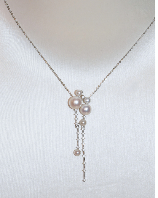 5A Freshwater Button Necklace in Silver 925 WG Plated - Moonfal Lariat - White (3 -7mm)