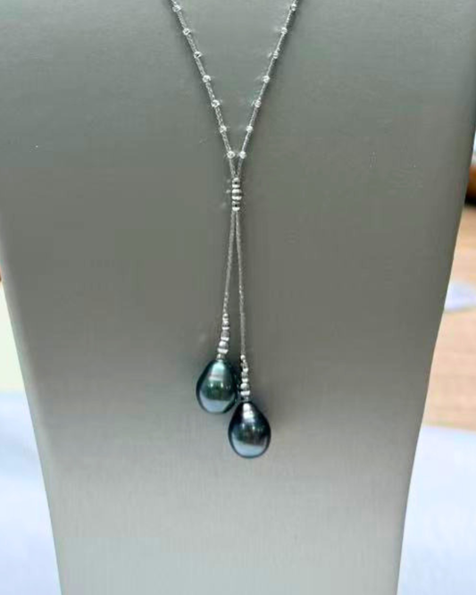 3A Tahitian Drop Necklace in Silver 925 White Gold Plated - Green (11-12mm)