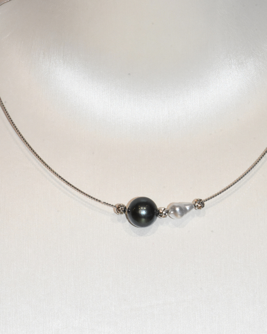 4A Tahitian Round Necklace in Silver 925 White Gold Plated - Tahitian × Keshi Duo Bar - Green (11-12mm)
