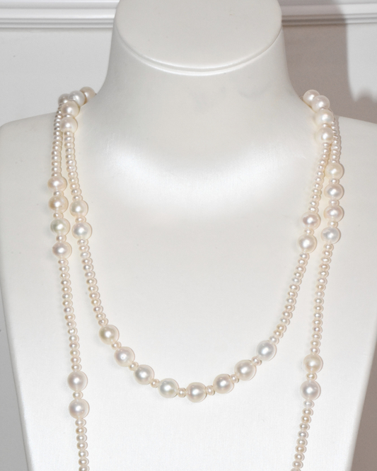 4A Freshwater Near Round Long Necklace in Silver 925 Gold Plated - Classic Gold Ribbon - White (4 -9mm)