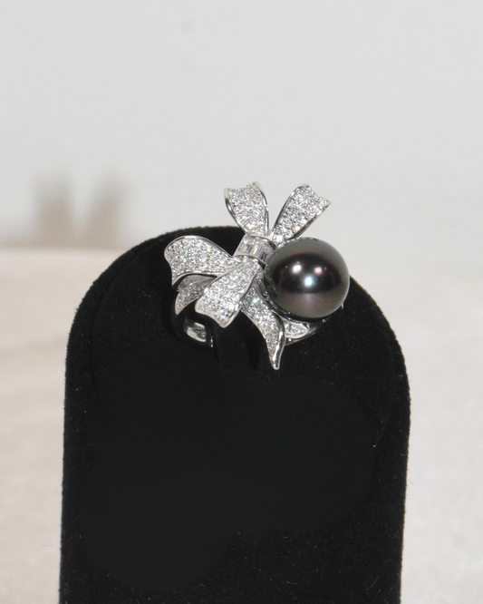 4A Tahitian Round Ring in Silver 925 White Gold Plated - Ribbon CZ - Peacock (9-10mm)