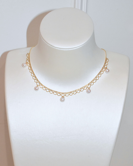 4A Akoya Round Necklace in Silver 925 Gold Plated - L'Aurore — Lace Necklace - Rose Overtone (6mm)