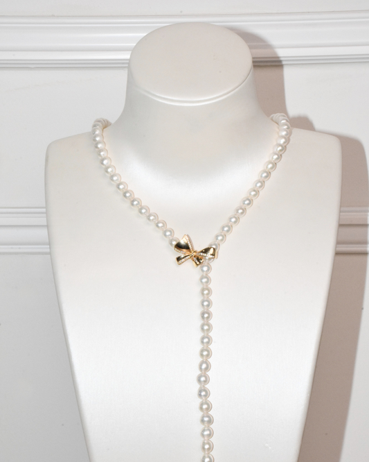 4A Freshwater Near Round Long Necklace in Silver 925 Gold Plated - Ribbon Clasp With CZ - White (7 -8mm)
