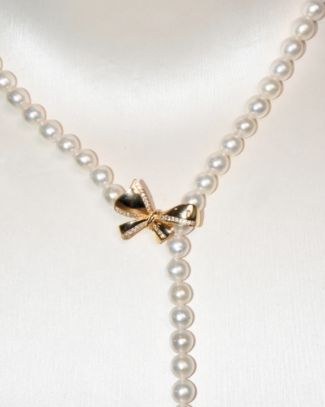 4A Freshwater Near Round Long Necklace in Silver 925 Gold Plated - Ribbon Clasp With CZ - White (7 -8mm)
