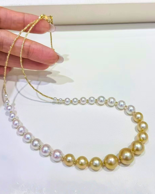 4A South Sea Golden Philippines & Akoya Round Necklace in 18K Gold - Graduated Akoya 3.5-8mm to South Sea 8-11mm - Gold