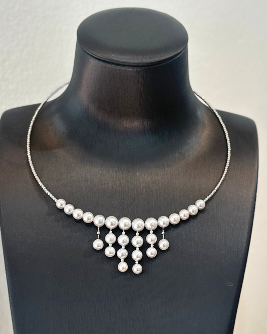 5A Japanese Akoya Round Necklace in 18K White Gold - Hemp Akoya Pearl - Blue (6-9mm)