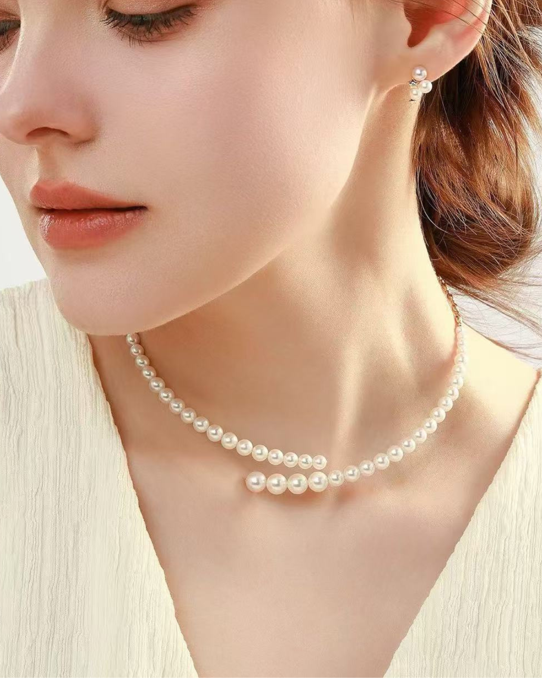 4A Freshwater Round Necklace in Stainless Steel - Classic Graduated Circle Necklace - White (3-6mm)