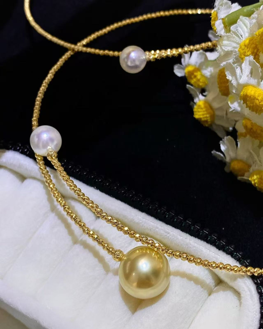 4A South Sea Golden Philippines Round Necklace in 18K Gold - South Sea Golden 13mm with Akoya 8mm - Gold (8-13mm)