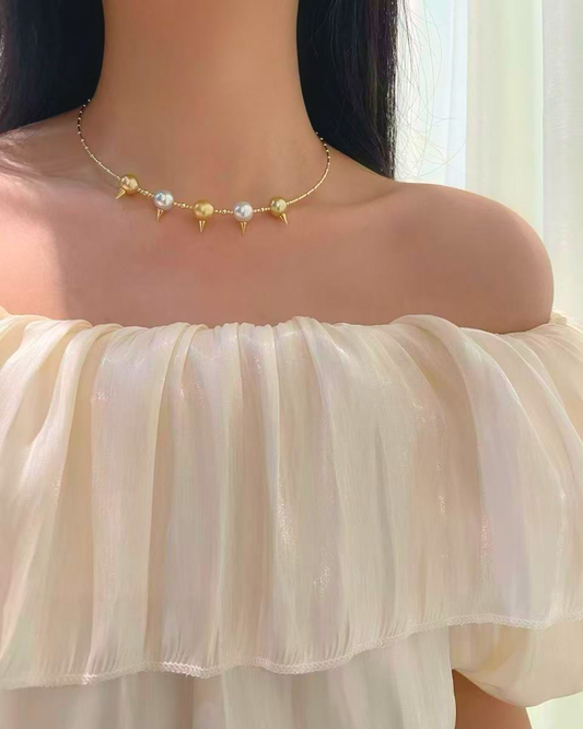 4A South Sea Golden Philippines & South Sea White Australia Round Necklace in Silver 925 Gold Plated - Spike Choker Necklace - Gold (9-10mm)