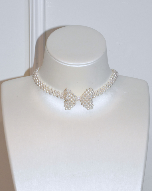 4A Freshwater Round Necklace in Silver 925 WG Plated - bowknot necklace - White (3 -6mm)