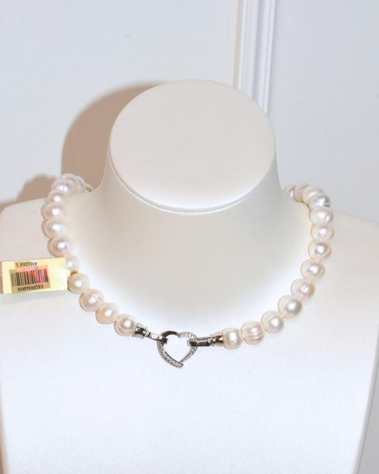 2A Freshwater Near Round Necklace in Copper - Heart Clasp - White (11 -12mm)