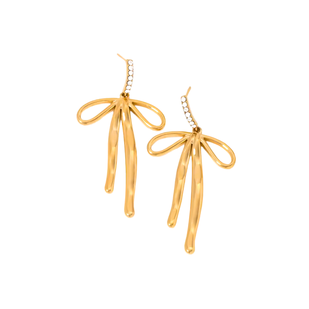 Gold Zirconia Girly Ribbon Drop Earrings