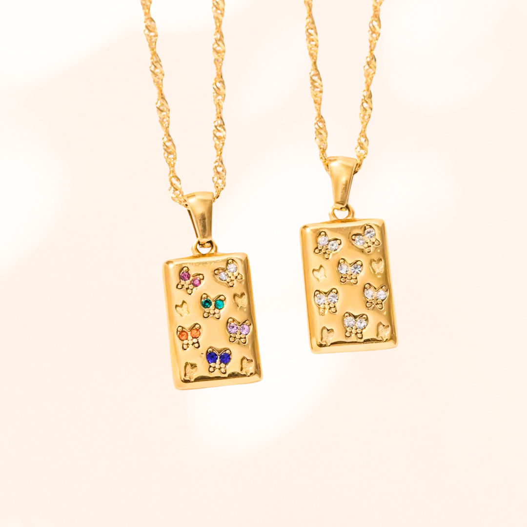 Gold Square Zirconia Butterfly Pendant Necklace
