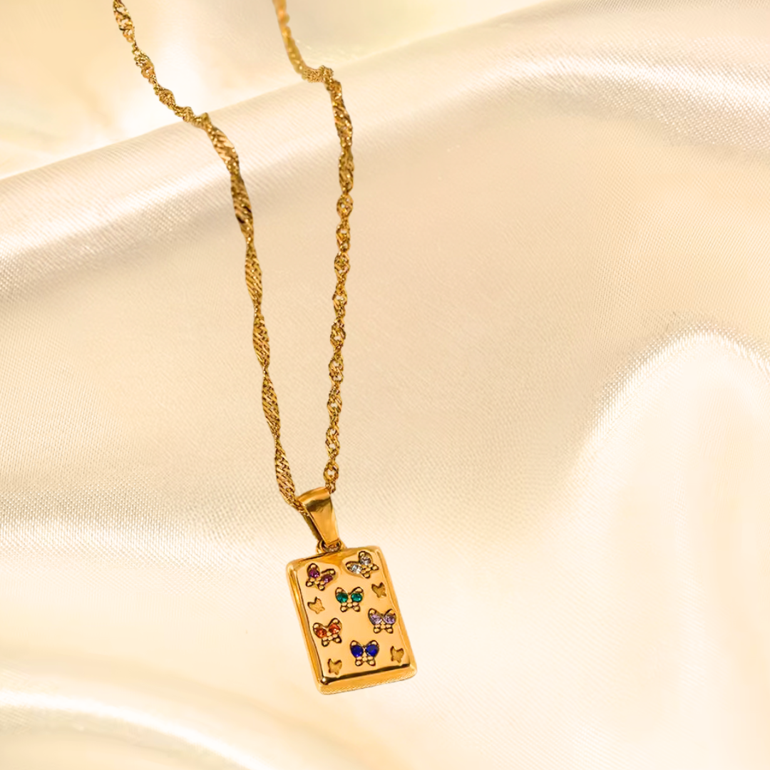 Gold Square Zirconia Butterfly Pendant Necklace