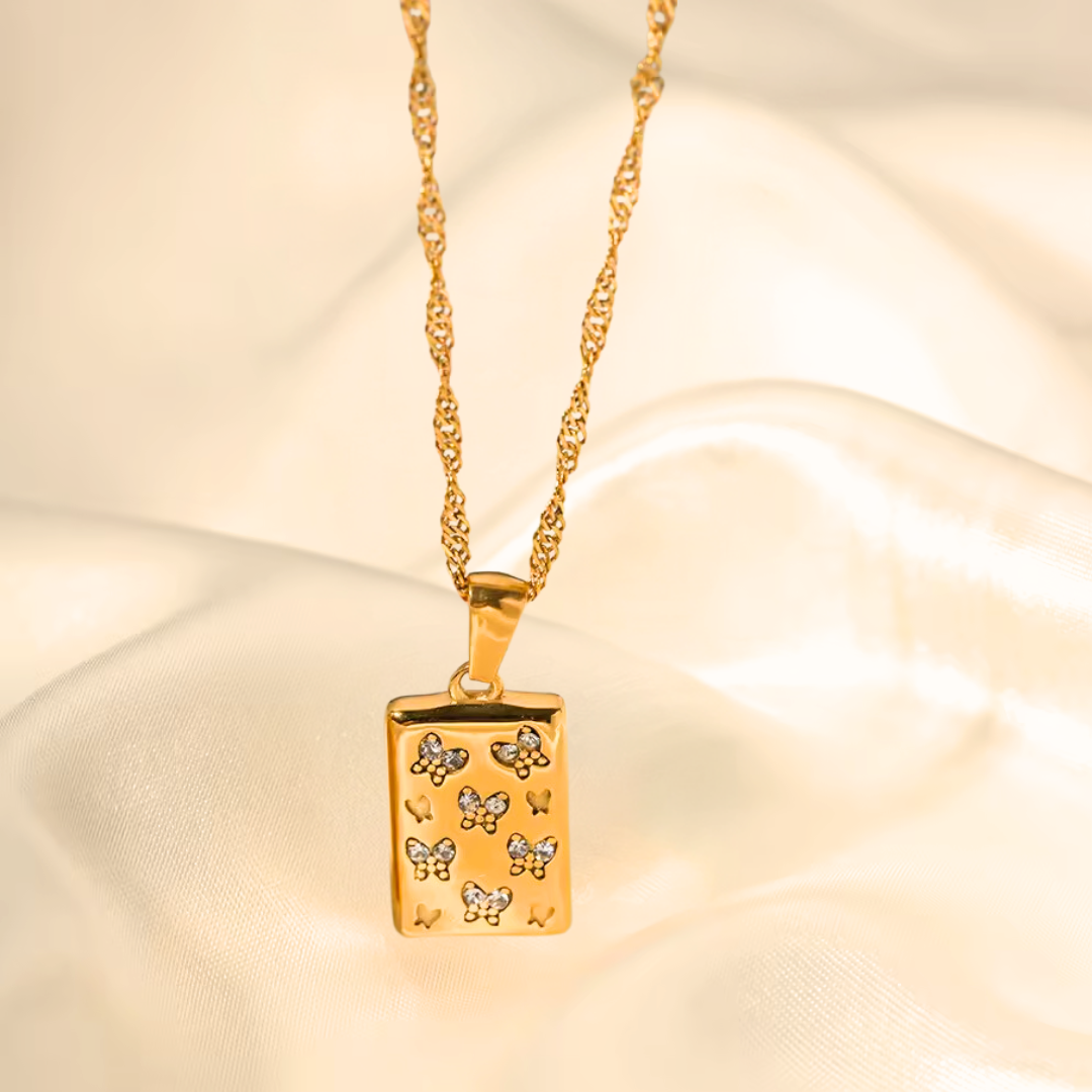 Gold Square Zirconia Butterfly Pendant Necklace