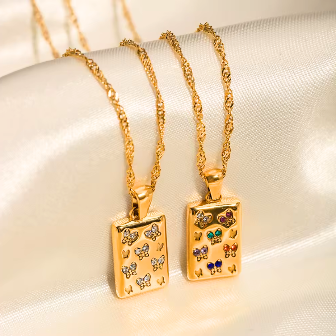 Gold Square Zirconia Butterfly Pendant Necklace