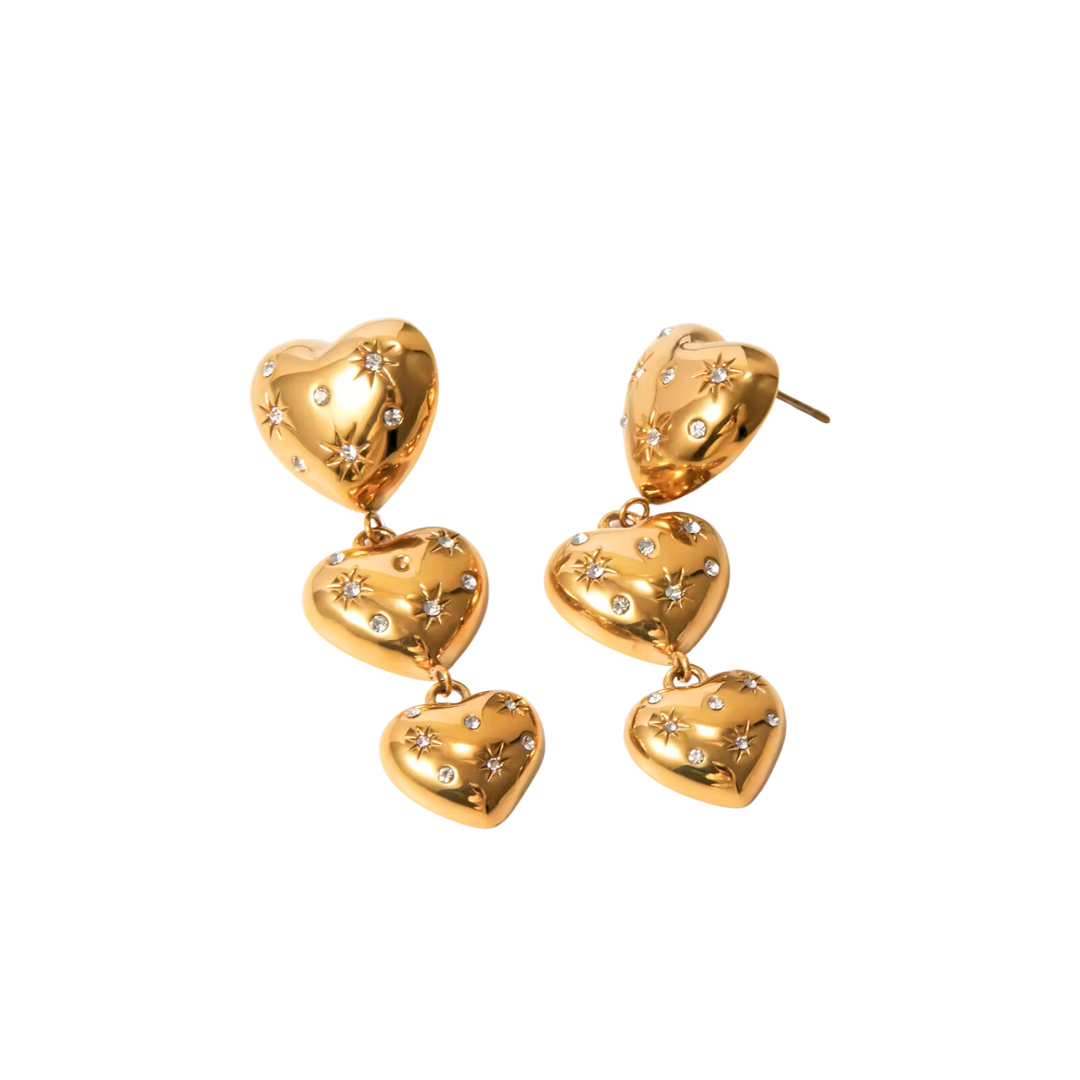 Gold Triple Hearty Journey Zirconia Earrings