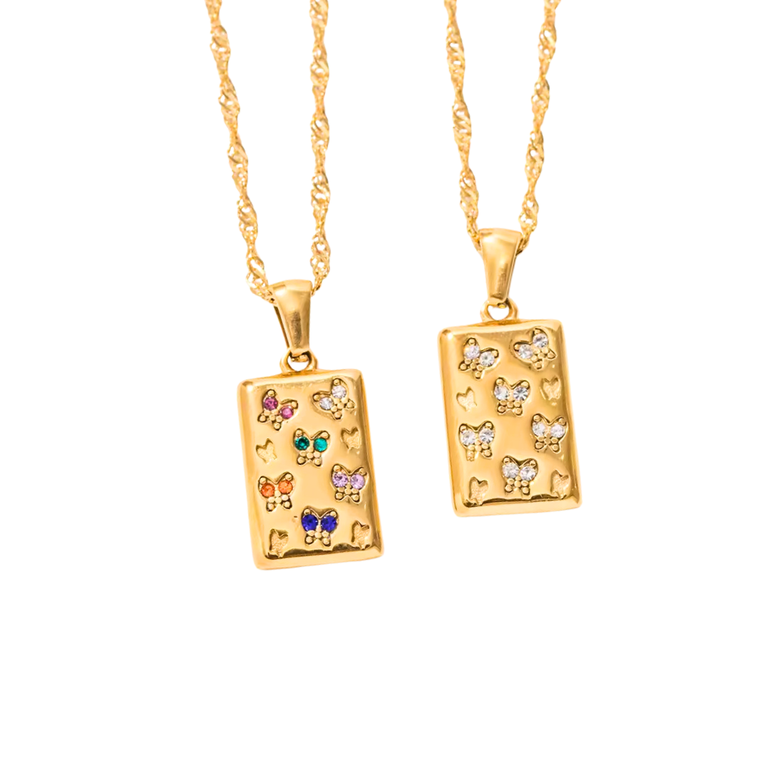 Gold Square Zirconia Butterfly Pendant Necklace